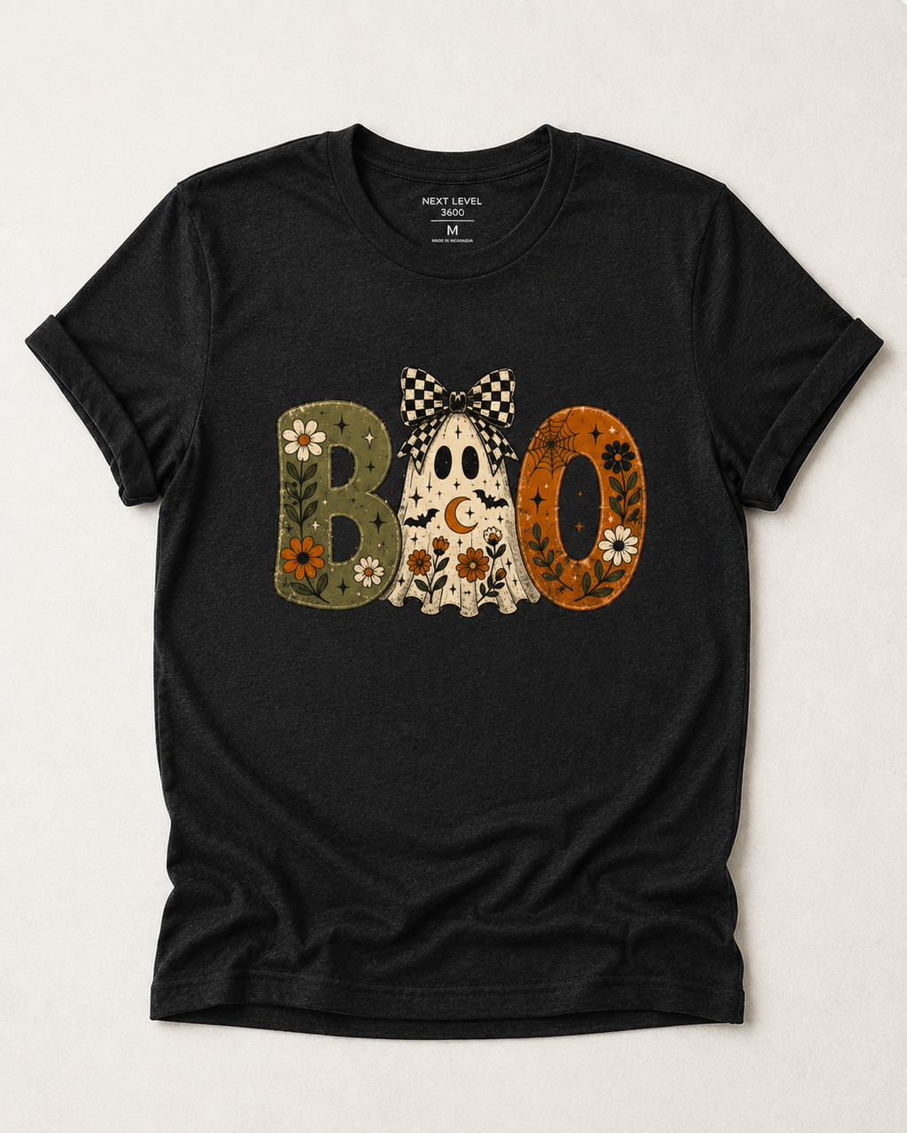 Retro BOO Ghost Tee | Floral Halloween Shirt with Checkered Bow