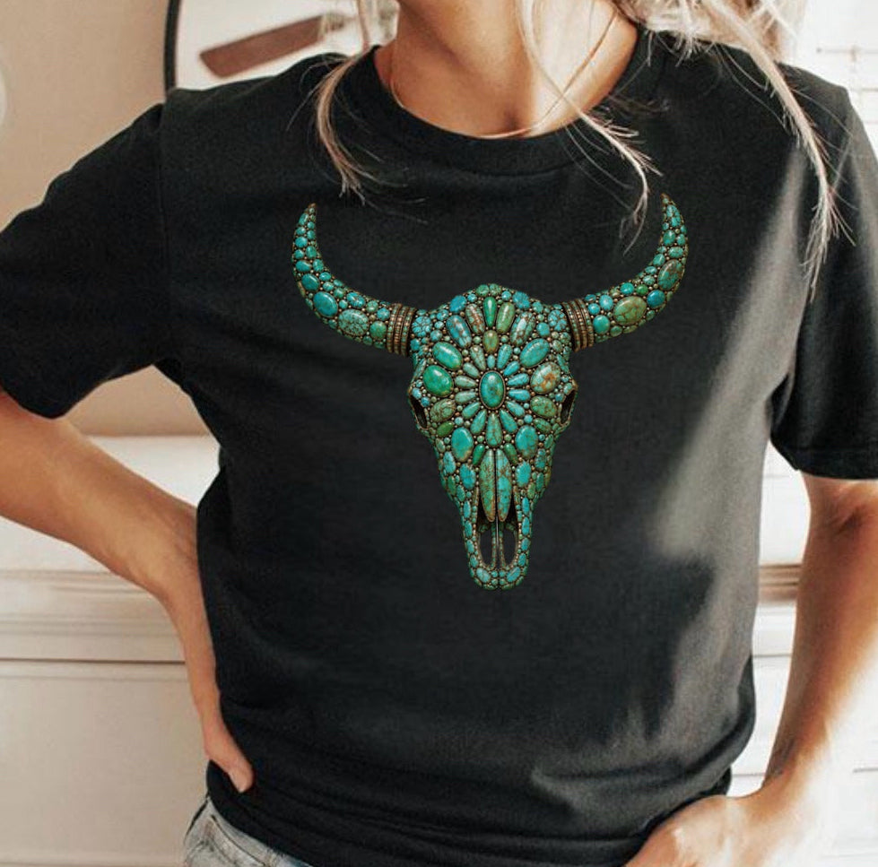 Turquoise Bull Skull Graphic Tee