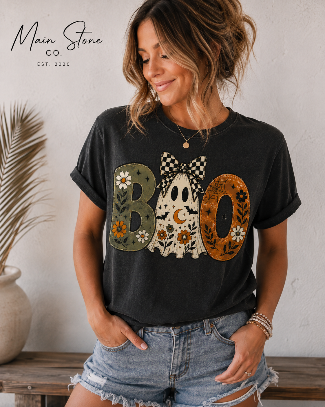 Retro BOO Ghost Tee | Floral Halloween Shirt with Checkered Bow