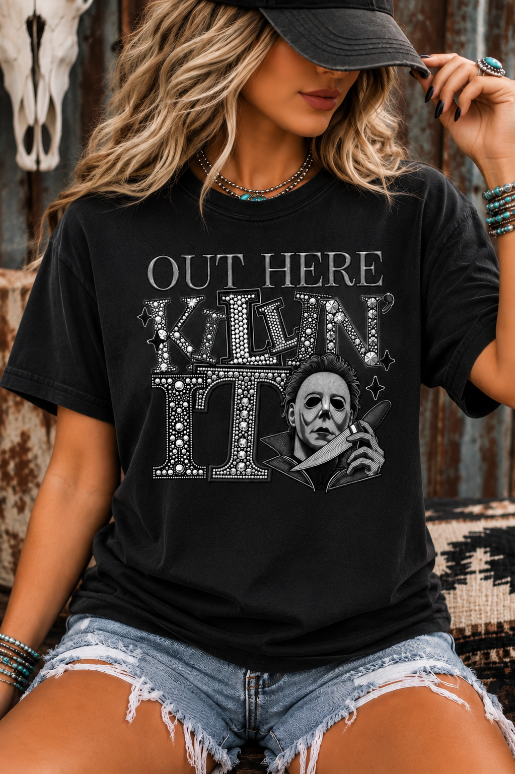 Out Here Killin’ It Rhinestone Horror Graphic Tee